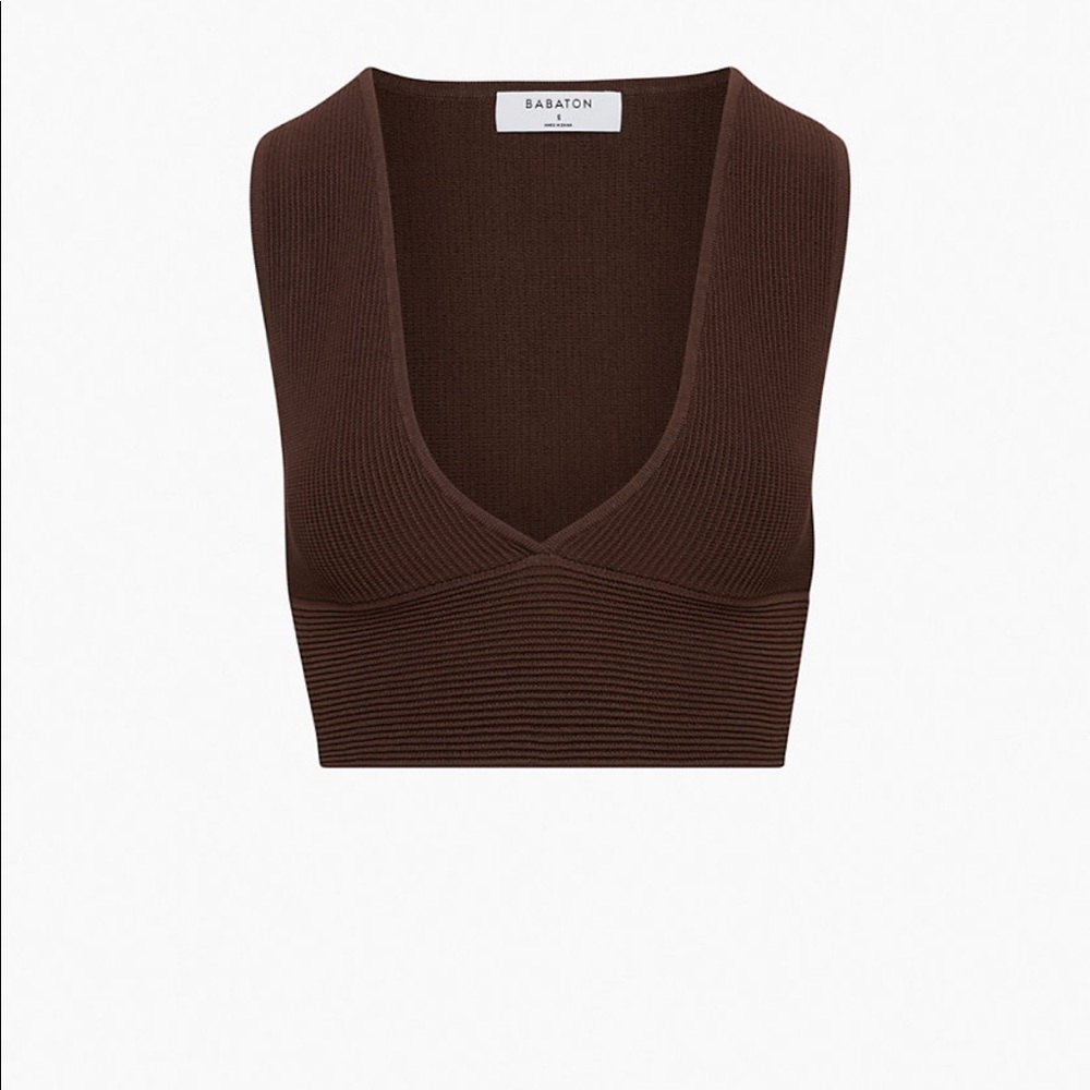 NWT Babaton Chocolate Brown Ribbed V-Neck Cropped Knit Tank Luxury Boho Chic - Picture 12 of 12